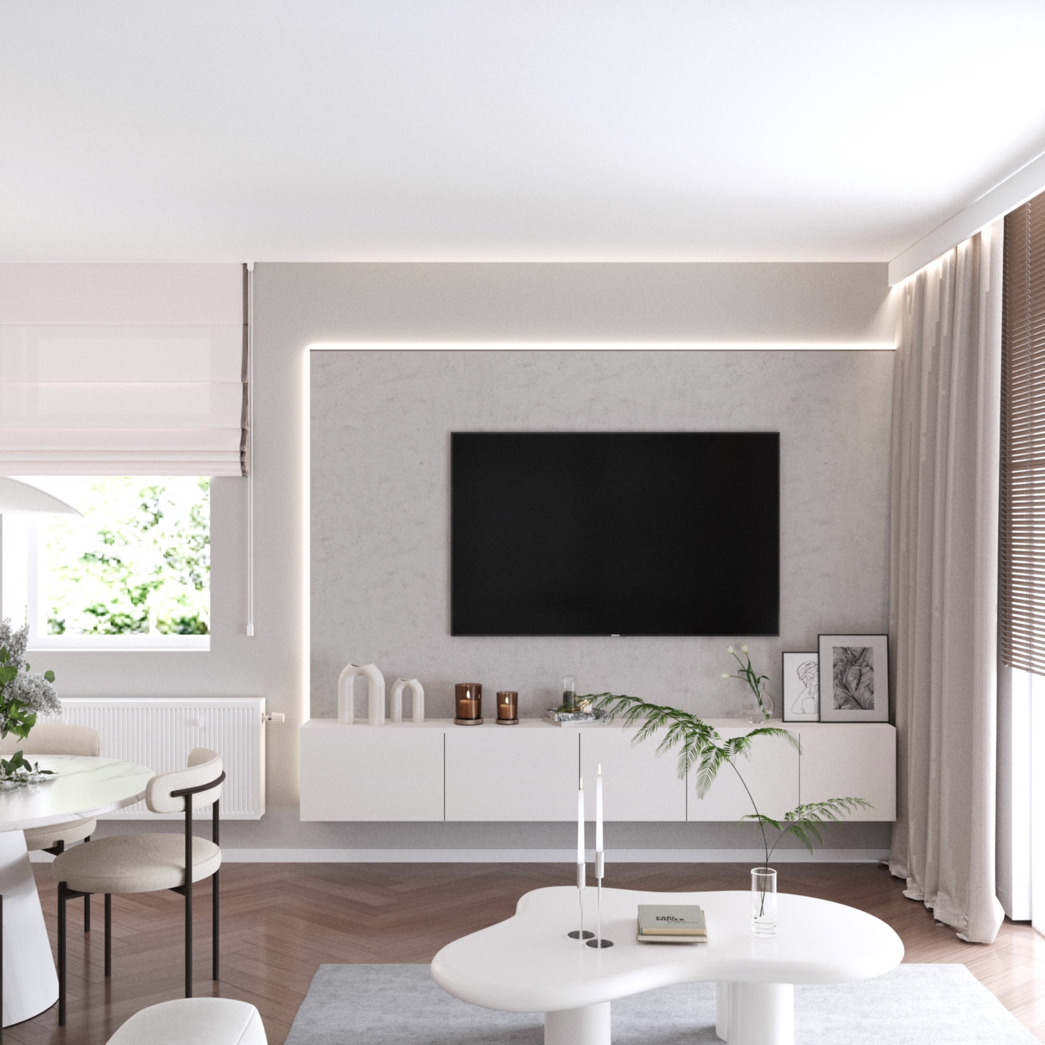 Jasne wnętrze z minimalistycznym stołem, telewizorem i subtelnym oświetleniem LED. Parkiet w jodełkę i rolety rzymskie dodają elegancji.