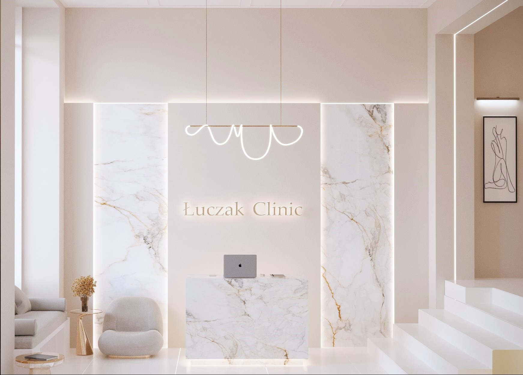 Kremowe wnętrze kliniki z marmurowymi panelami, recepcją z laptopem i minimalistycznym oświetleniem. Widoczne schody i dekoracje w odcieniach beżu i złota.