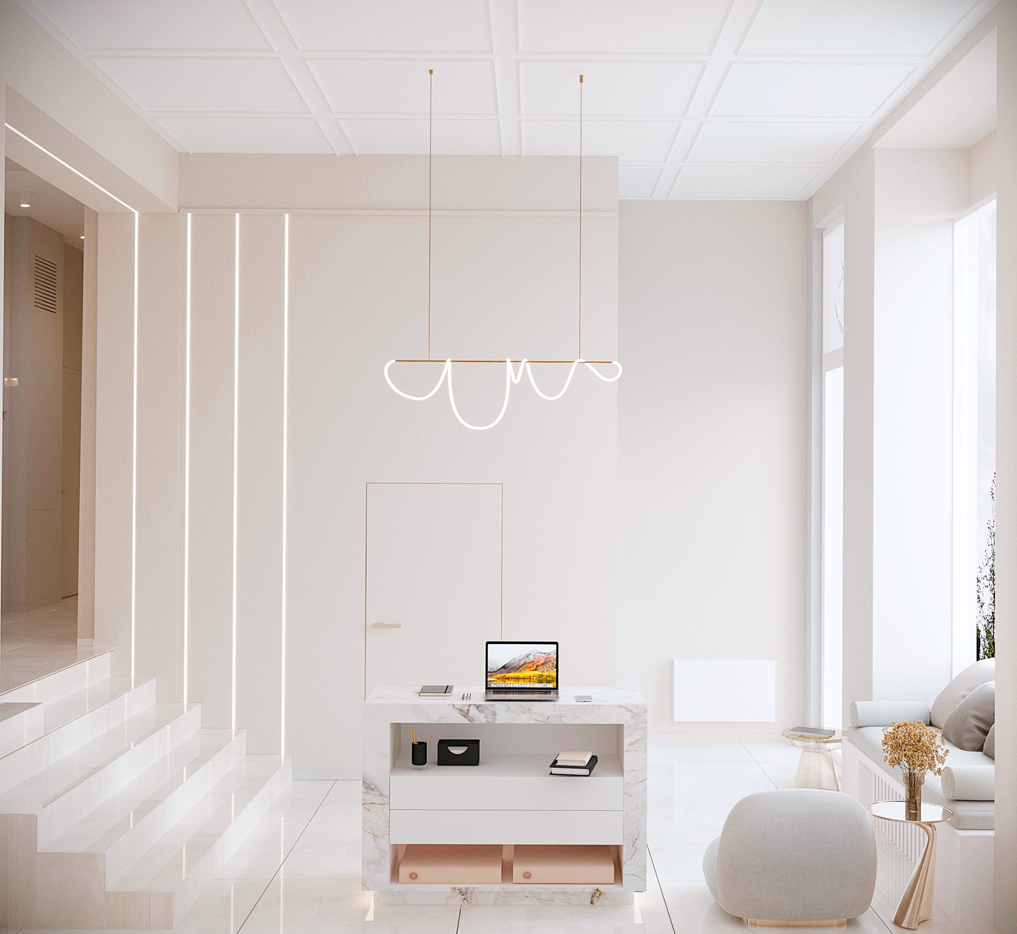 Kremowe wnętrze z marmurową wyspą, laptopem i minimalistyczną lampą. Schody z podświetleniem LED i jasne meble tworzą spójną, elegancką przestrzeń.