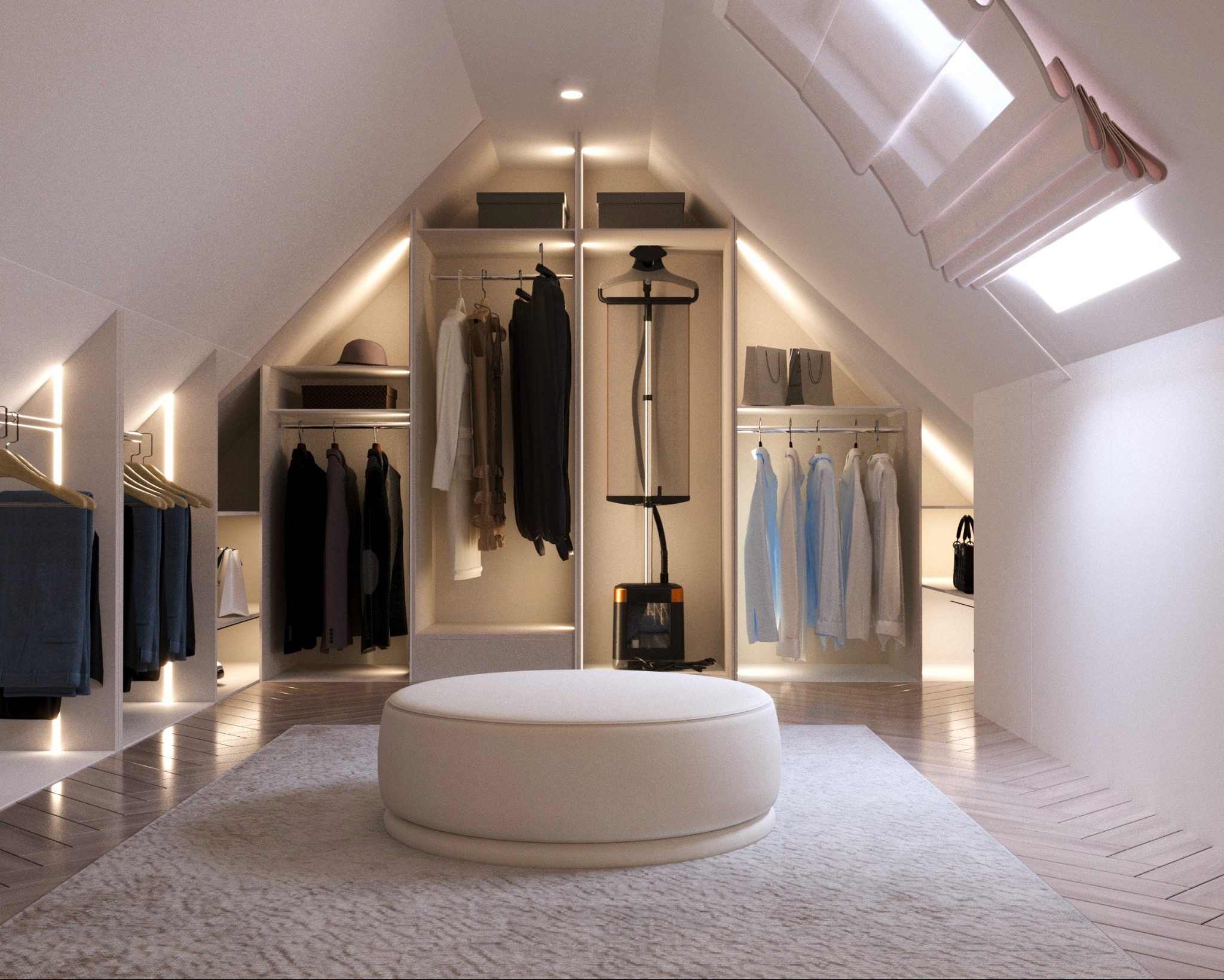 Garderoba na poddaszu z oświetleniem LED, pufą i ubraniami. Widoczne skosy, okno dachowe i parkiet. Neutralna kolorystyka, nowoczesny styl.