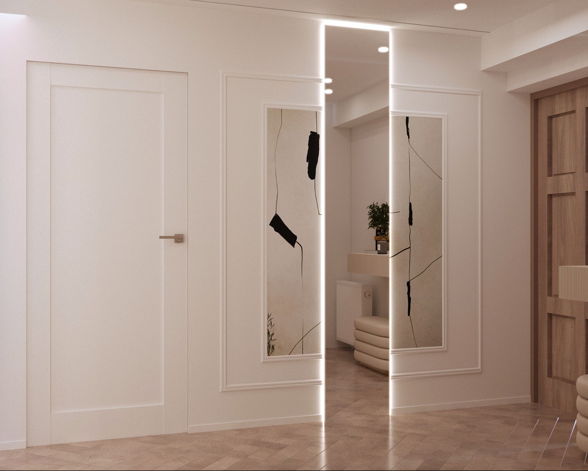 Korytarz w neutralnych barwach z lustrem z podświetleniem LED, dekoracyjnymi obrazami w ramkach i drewnianymi drzwiami. Parkiet na podłodze.