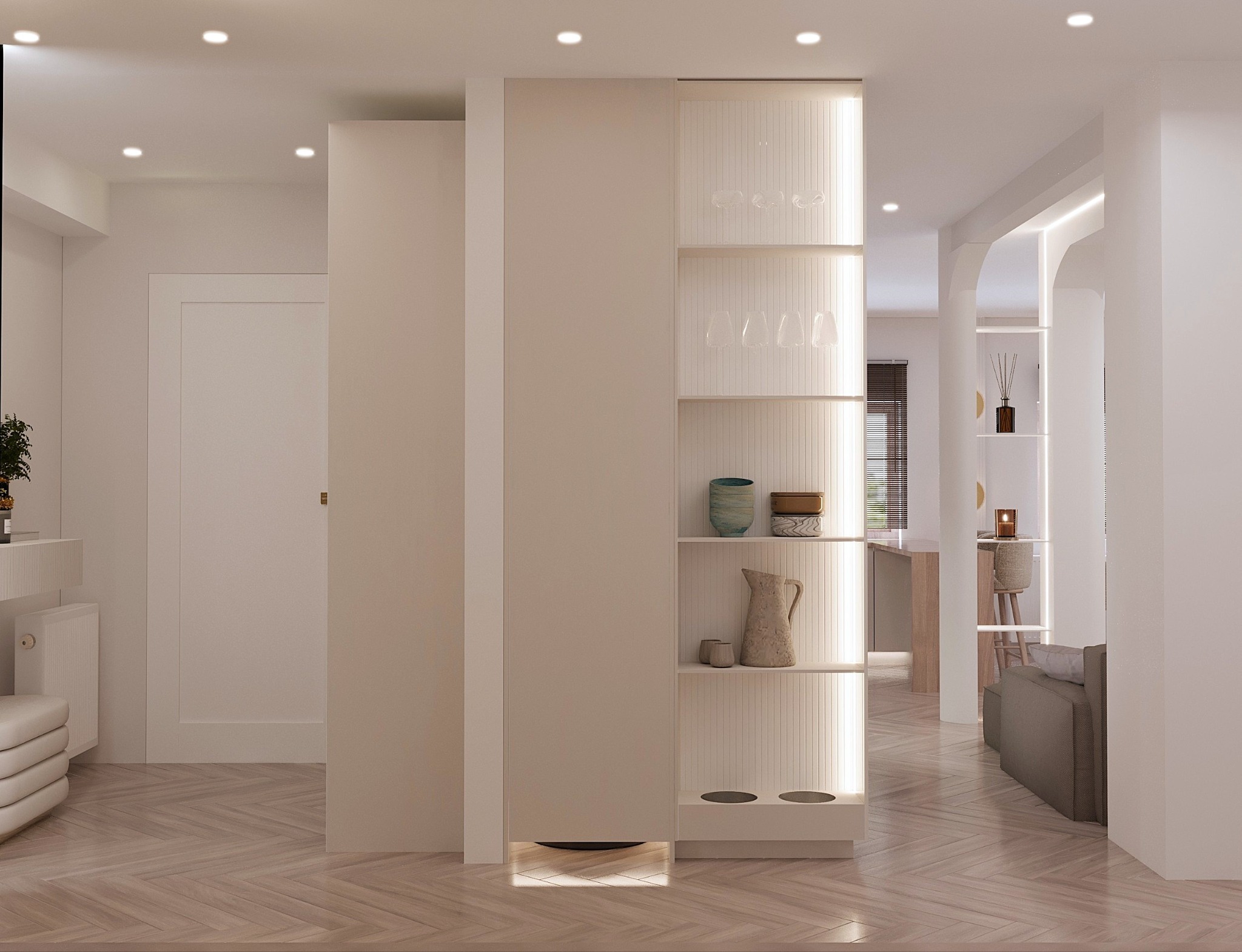 Stylowa aranżacja wnętrza w Świnoujściu: minimalistyczny regał z podświetleniem, szklanki i ceramika na półkach, parkiet w jodełkę, widok na salon z łukami.