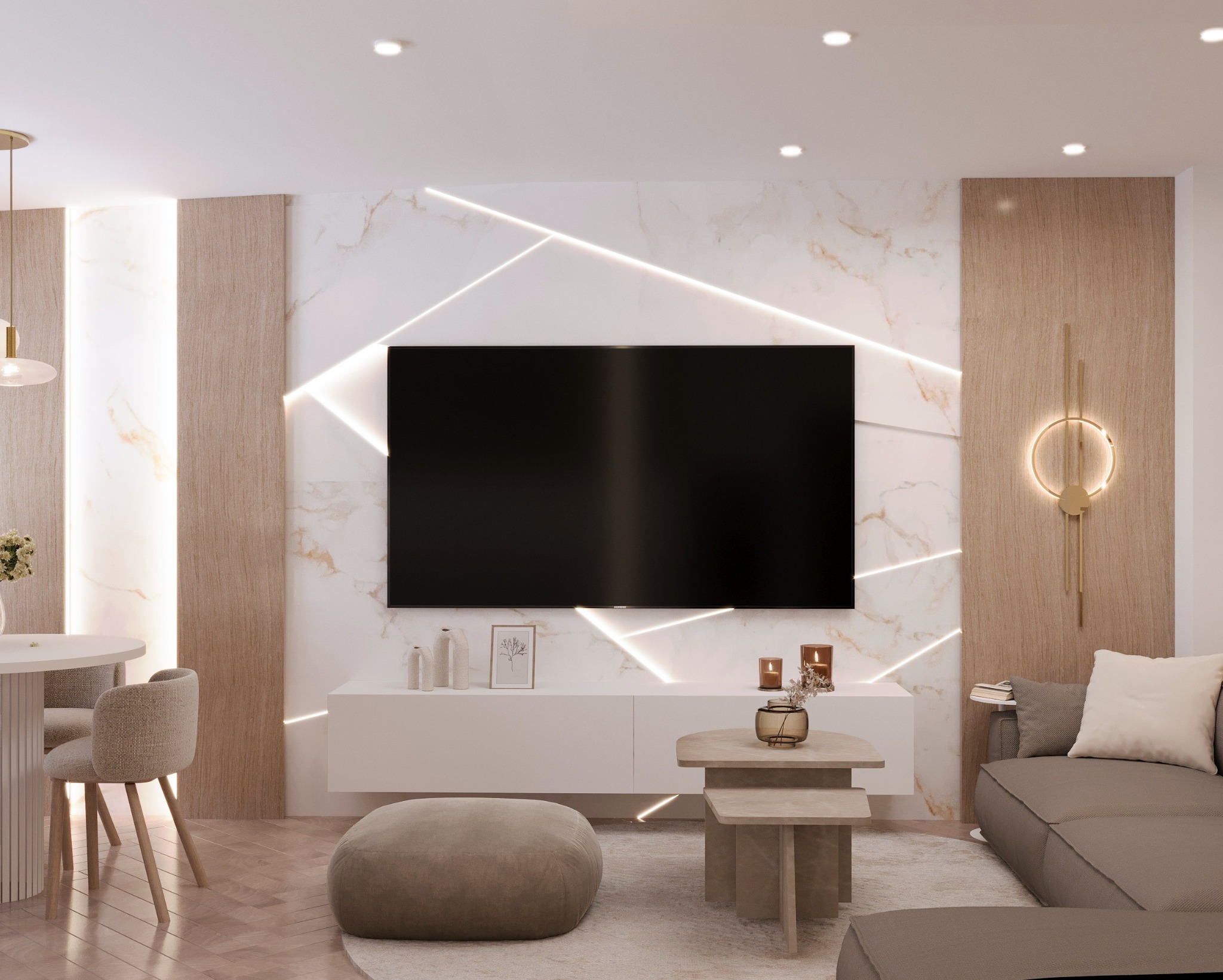 Nowoczesny salon z telewizorem na ścianie z marmurowym wzorem i geometrycznym oświetleniem LED. Stonowana kolorystyka, drewniane panele i minimalistyczne meble.