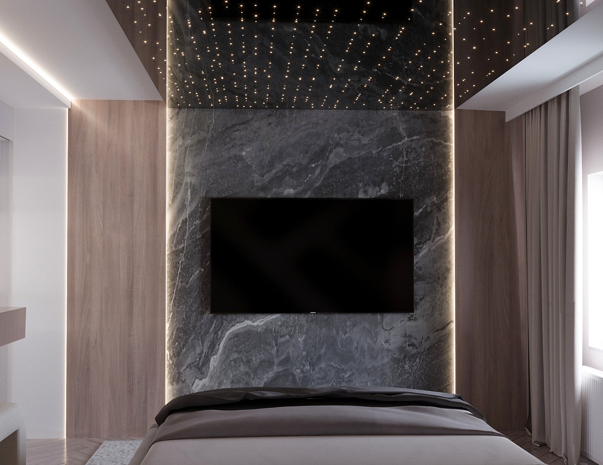 Nowoczesna sypialnia z marmurową ścianą, podświetlanym sufitem imitującym gwiazdy i minimalistycznym wystrojem. Telewizor na ścianie, drewniane panele i subtelne oświetlenie LED.