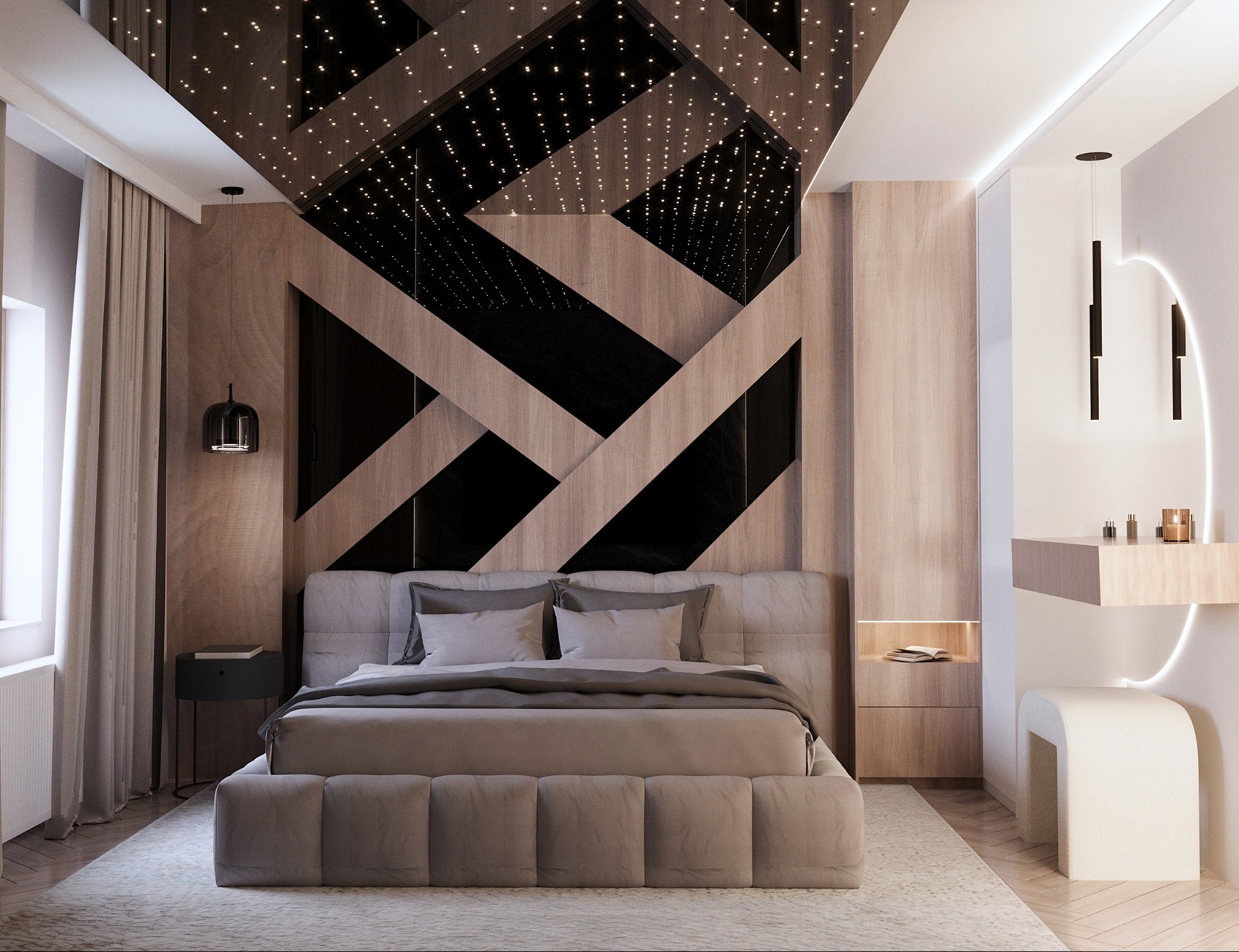 Nowoczesna sypialnia z łóżkiem w odcieniach szarości, drewnianą ścianą z geometrycznym wzorem i podświetlanym sufitem. Minimalistyczne oświetlenie i stolik nocny.