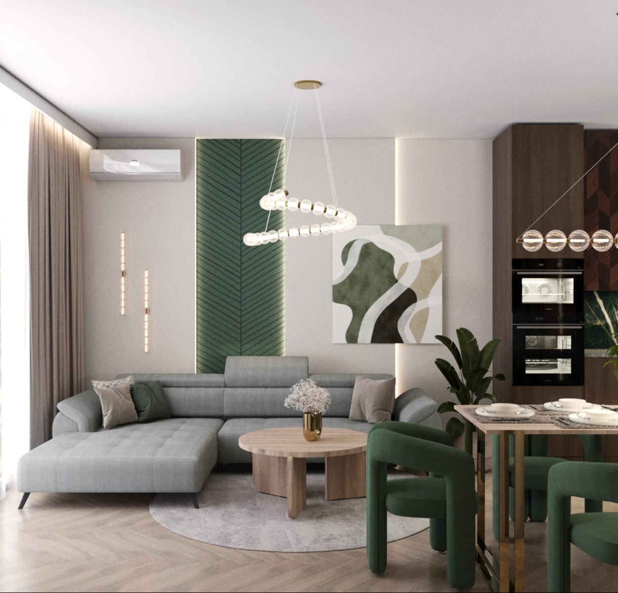 Nowoczesne wnętrze: szara sofa narożna, okrągły stolik kawowy, zielone krzesła, abstrakcyjny obraz i dekoracyjna ściana z zielonym wzorem w jodełkę.