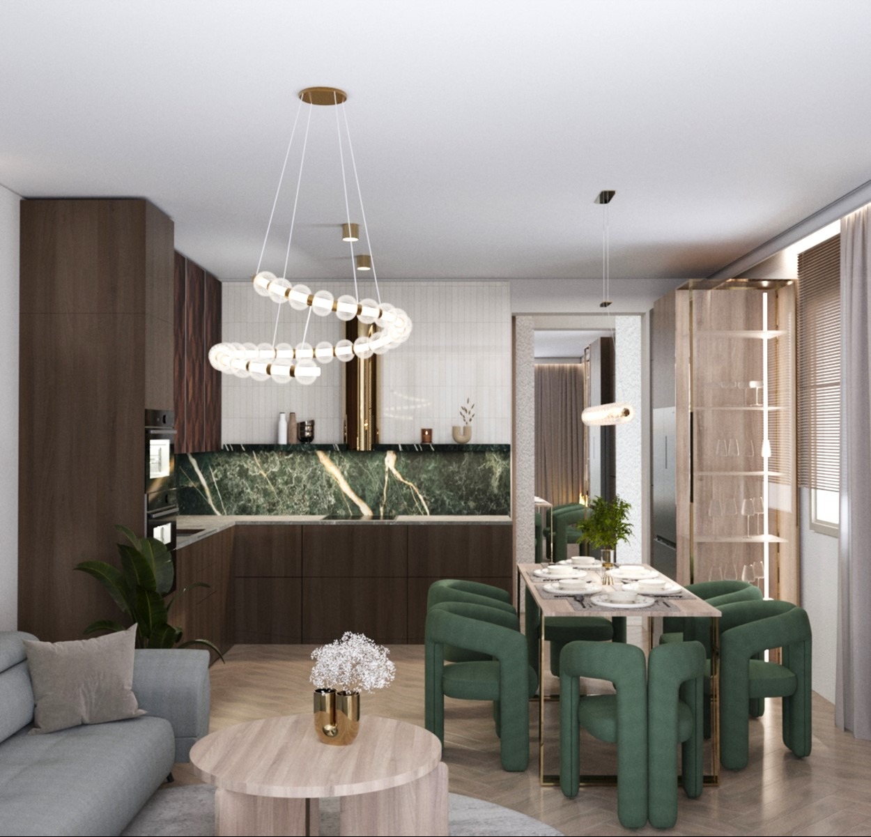 Nowoczesne wnętrze: salon z aneksem kuchennym. Zielone krzesła, marmurowy blat, designerska lampa. Minimalizm i elegancja w każdym detalu.