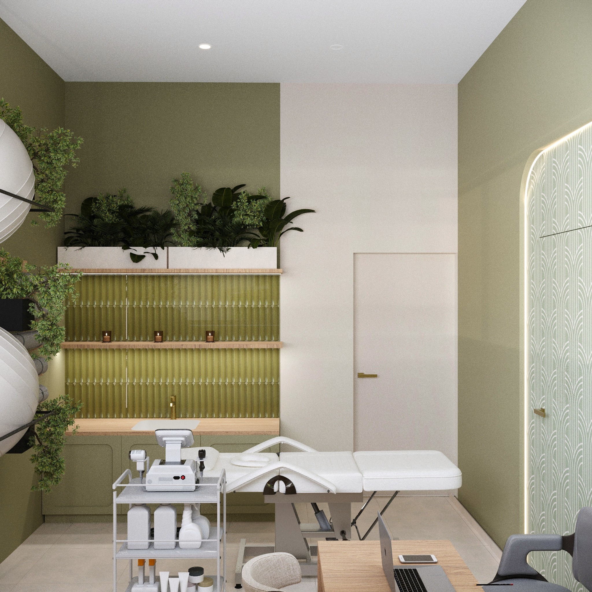 Nowoczesny gabinet kosmetyczny z zielonymi akcentami: rośliny, dekoracyjna ściana, sprzęt kosmetyczny i leżanka. Minimalistyczny design z naturalnymi elementami.