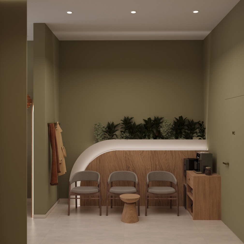 Stylowa poczekalnia z drewnianą ścianą, roślinami i minimalistycznymi krzesłami. Oświetlenie LED podkreśla nowoczesny design wnętrza w odcieniach zieleni i beżu.