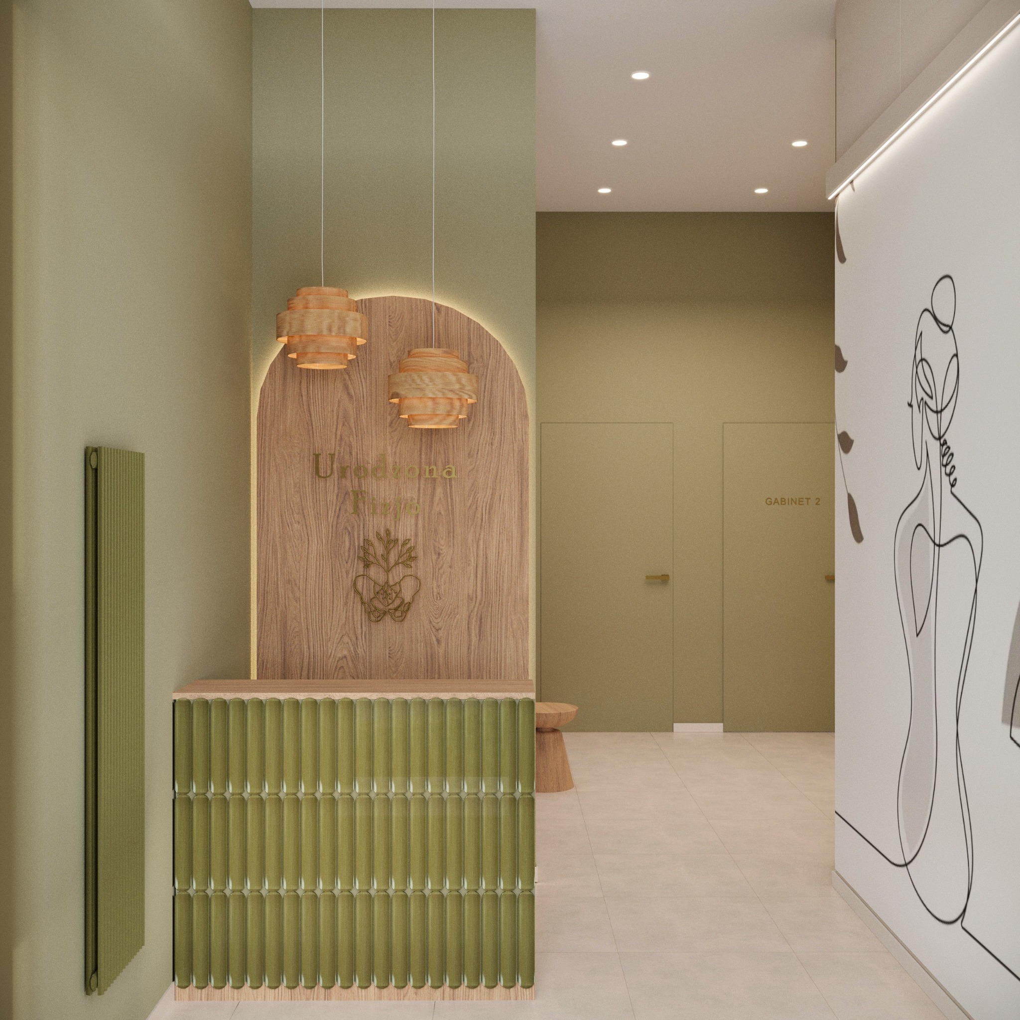 Recepcja gabinetu fizjoterapii w odcieniach zieleni i drewna. Lampa wisząca, drewniana ściana z logo, minimalistyczny rysunek na ścianie. Nowoczesny design.