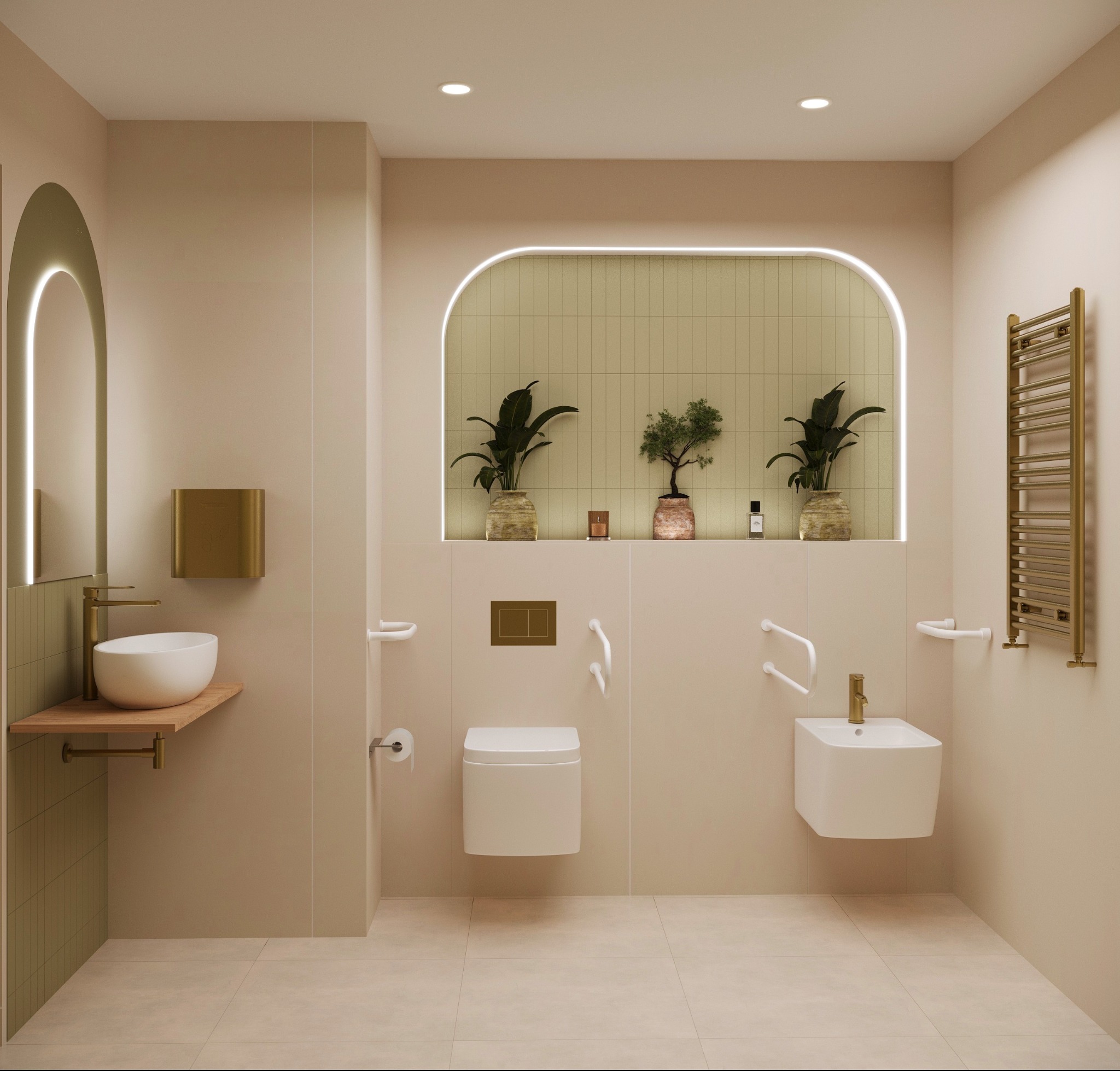 Beżowa łazienka z roślinami w podświetlonej wnęce. Umywalka na drewnianym blacie, toaleta i bidet podwieszane. Grzejnik drabinkowy w złotym kolorze.