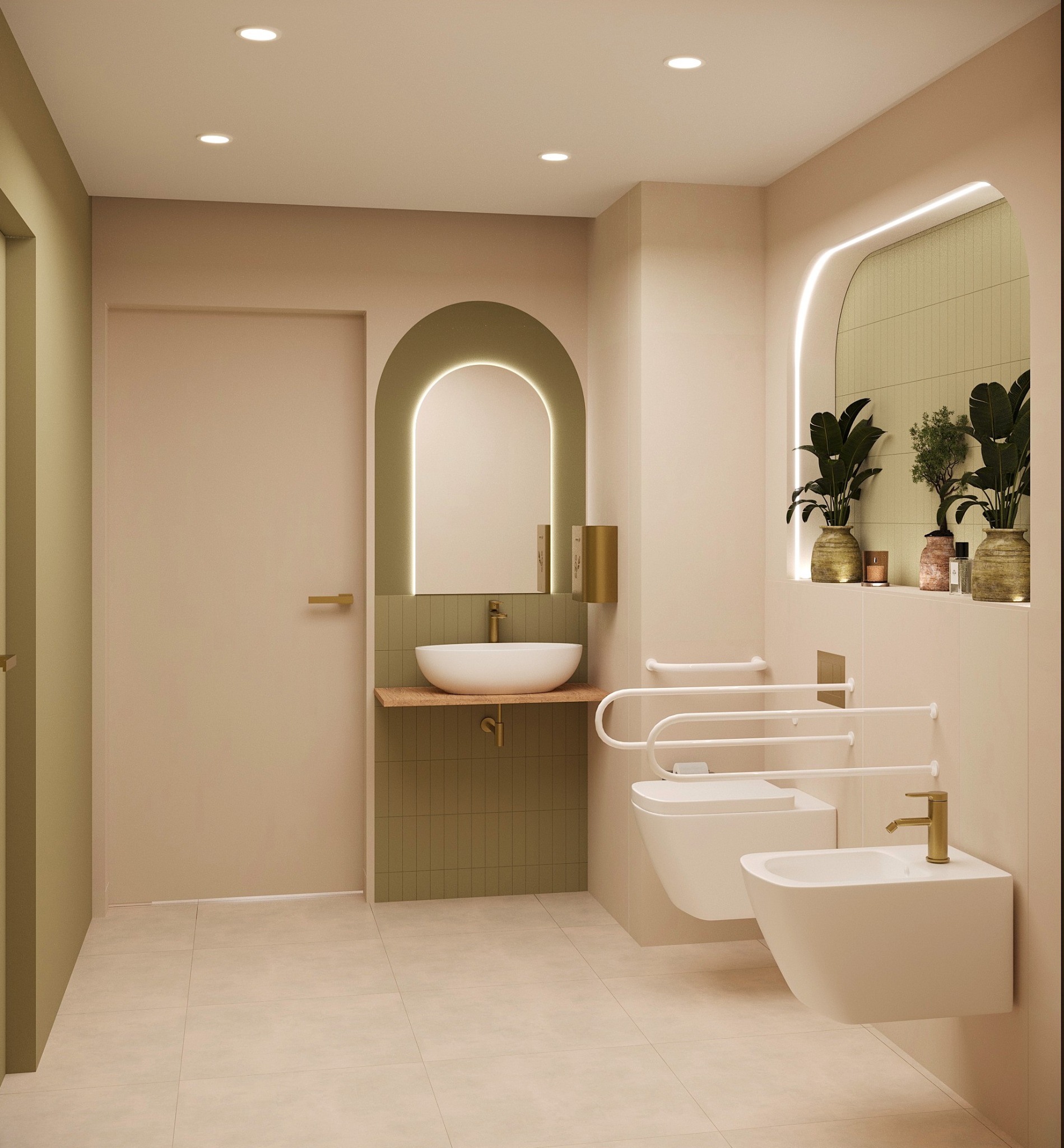 Beżowa łazienka z zielonymi akcentami: umywalka na drewnianym blacie, toaleta i bidet z uchwytami dla niepełnosprawnych, lustro z podświetleniem LED.