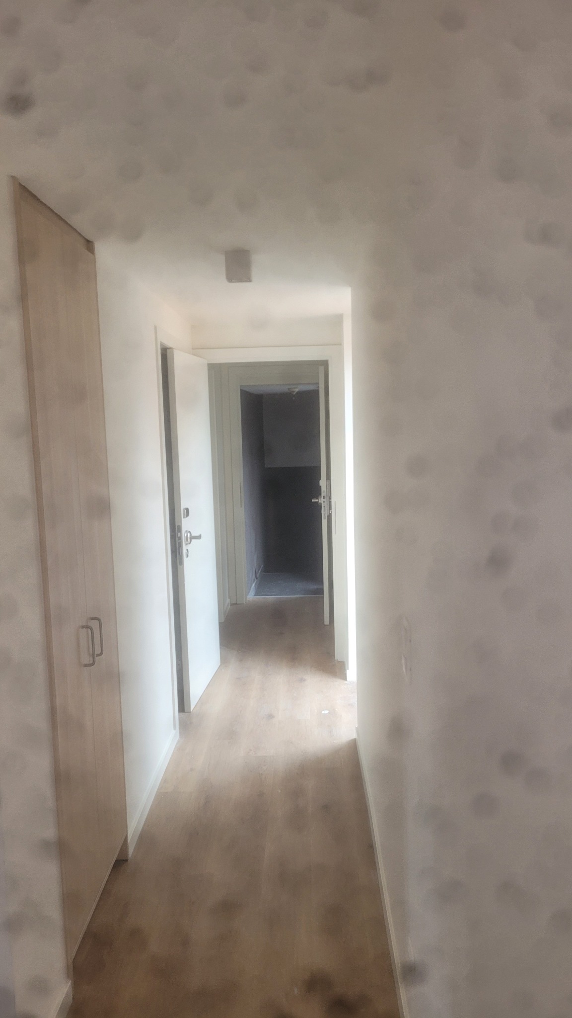 Jasny korytarz po remoncie z drewnianą podłogą, białe ściany i szafa w zabudowie. Widok na otwarte drzwi do kolejnego pomieszczenia. Minimalistyczny design.