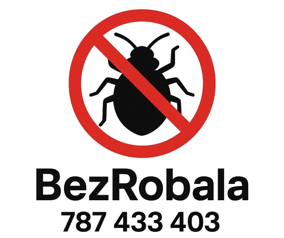 Grafika: Przekreślony owad, symbolizujący brak robactwa. Pod spodem nazwa firmy 'BezRobala' i numer telefonu. Czerwono-czarno-biała kolorystyka.