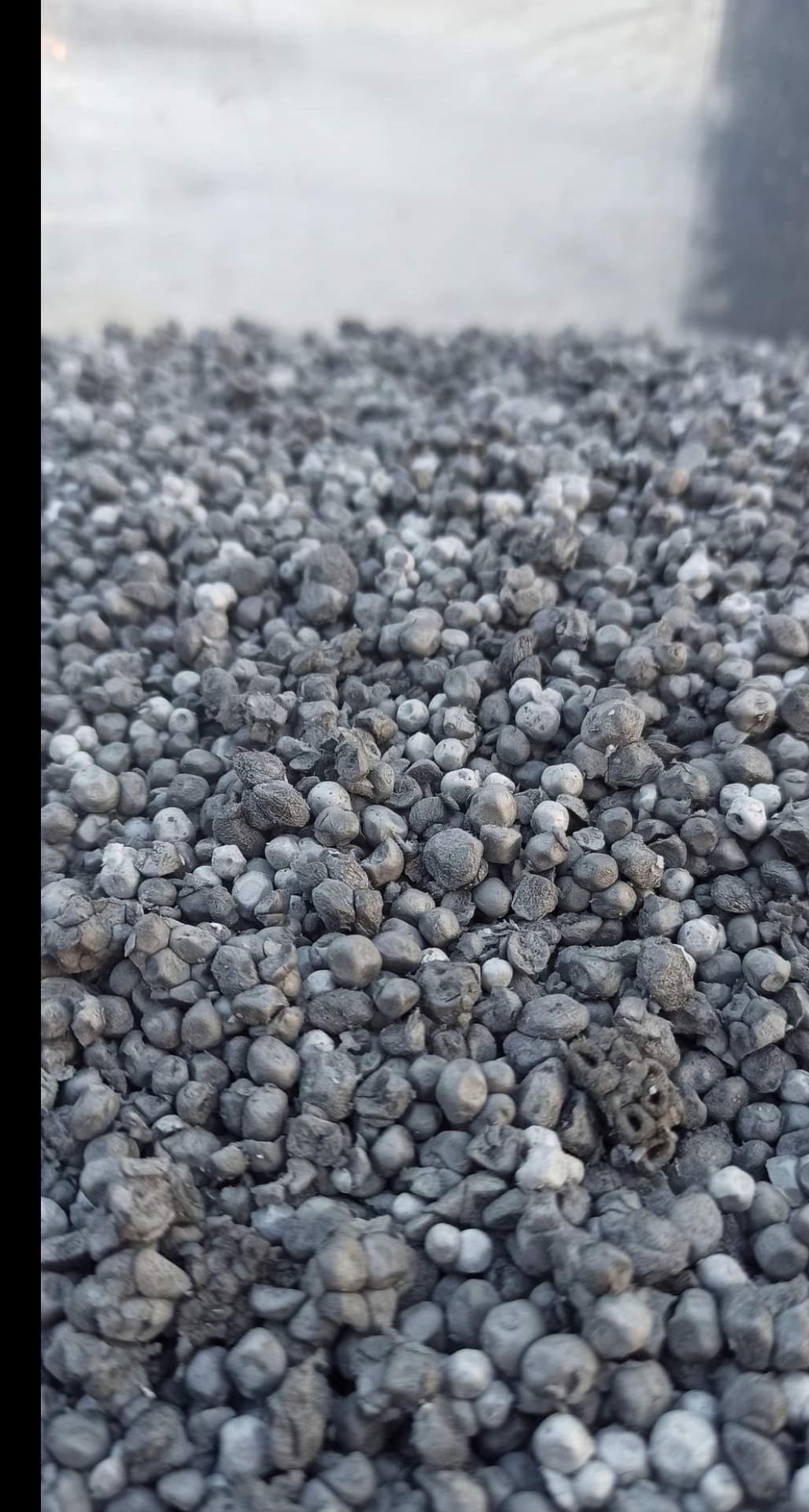 Szare granulki styropianu ekspandowanego, widoczne z bliska, tworzące warstwę izolacyjną. Materiał o nieregularnej strukturze, używany do ocieplenia poddasza.