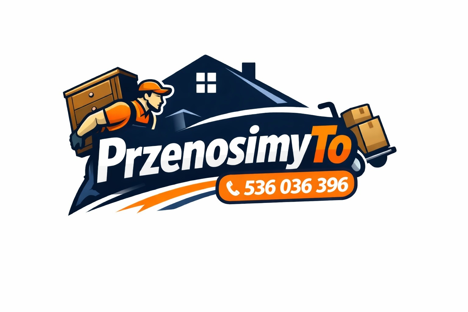 Animowane logo firmy przeprowadzkowej: silny mężczyzna dźwiga komodę, w tle dom, wózek z paczkami i numer telefonu.