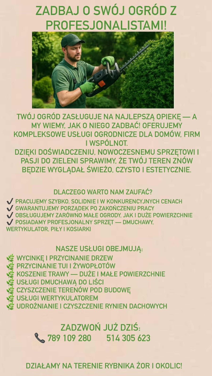 Ogrodnik z nożycami do żywopłotu, przycinanie tui. Kompleksowe usługi ogrodnicze dla domów i firm. Działamy na terenie Rybnika, Żor i okolic. Zadzwoń!