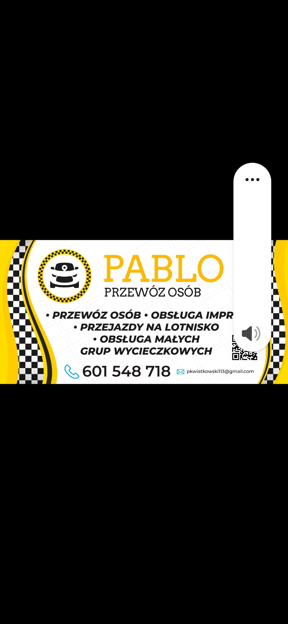 Wizytówka firmy Pablo Przewóz Osób z Dychowa. Oferta: przewóz osób, obsługa imprez, przejazdy na lotnisko, obsługa małych grup wycieczkowych. Kontakt: 601 548 718.