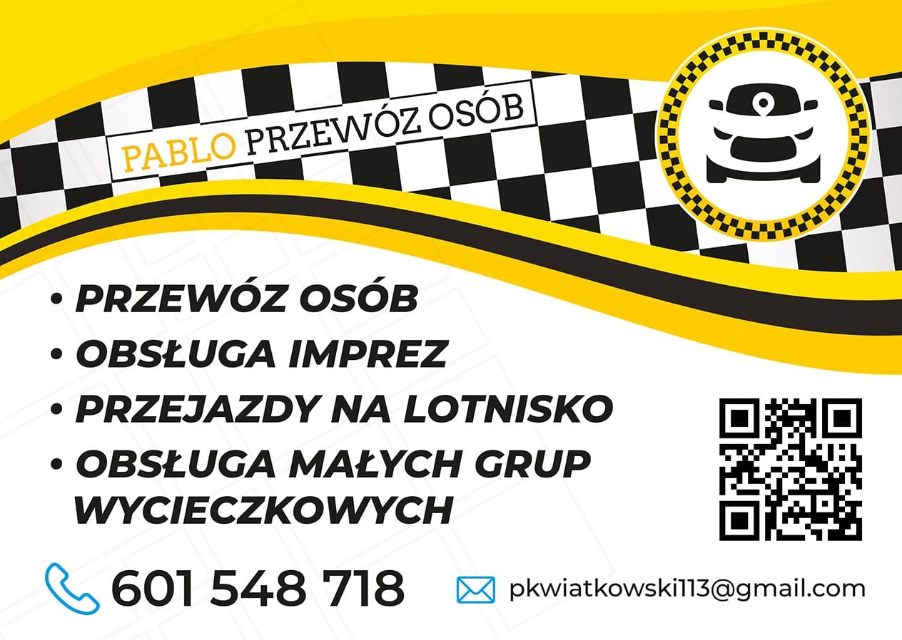 Grafika reklamowa firmy Pablo Przewóz Osób z numerem telefonu, adresem e-mail i kodem QR na białym tle z żółto-czarnymi elementami dekoracyjnymi.