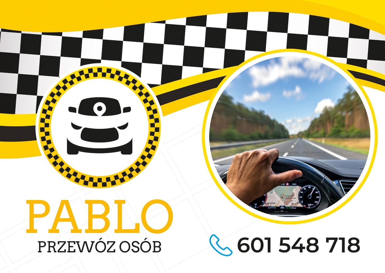 Grafika reklamowa firmy Pablo. Kierowca trzyma kierownicę na tle drogi. W tle szachownica i ikona auta. Numer telefonu i napis 'Przewóz osób'.