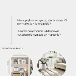 Grafika z hasłem 'Przestrzeń dla Ciebie' i pytaniami o aranżację wnętrza. Dwa okrągłe kadry prezentują: regał z dekoracjami i salon z sofą w jasnych barwach.