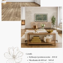 Moodboard wnętrza: wizualizacja salonu z kominkiem, drewnianą podłogą i meblami w stylu boho, prezentacja cen stylizacji pomieszczeń.