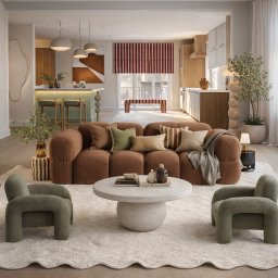 Stylowy salon z brązową sofą modułową, okrągłym stolikiem kawowym i zielonymi fotelami typu teddy. W tle otwarta kuchnia i jadalnia z elementami dekoracyjnymi.