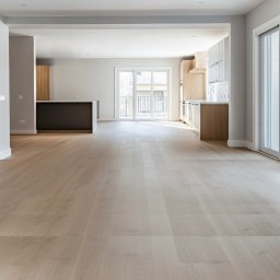 Jasne, przestronne wnętrze z drewnianą podłogą, widok na kuchnię z wyspą i balkon. Minimalistyczny design, naturalne światło, świeżo wykończone.