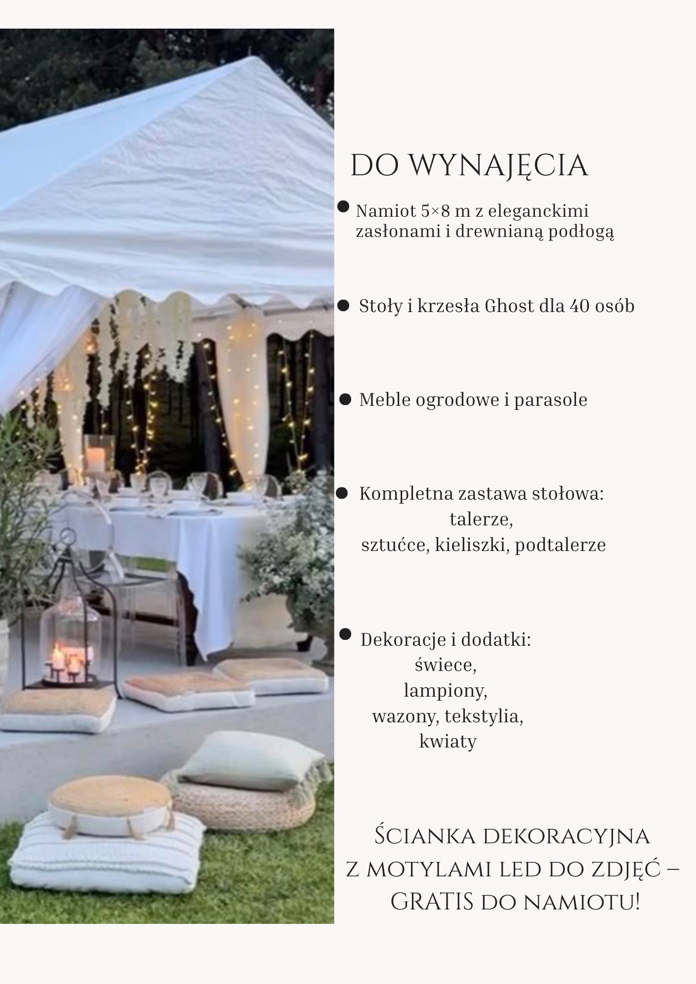 Elegancki namiot 5x8m z drewnianą podłogą, stołami Ghost dla 40 osób, meblami ogrodowymi, zastawą stołową i dekoracjami, w tym lampionami i świecami.