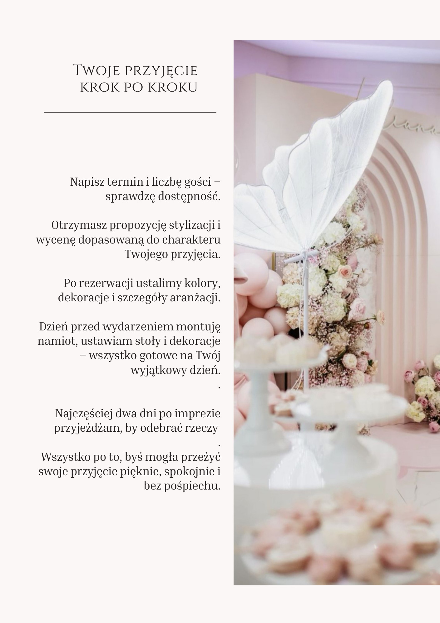 Dekoracja stołu z motywem motyla i kwiatów na przyjęciu. Pastelowa kolorystyka, elegancka aranżacja. Elementy dekoracyjne na kilku poziomach.