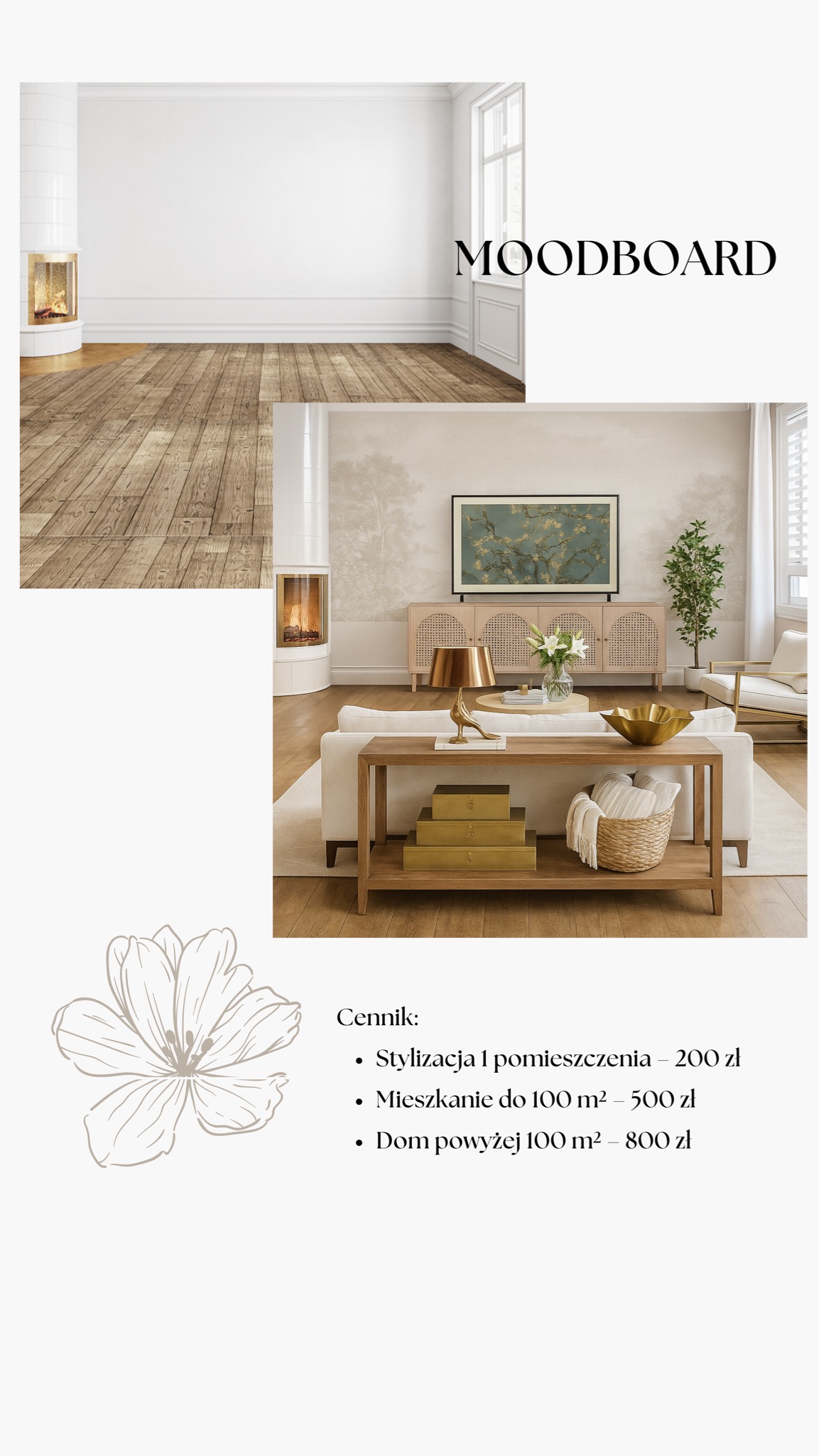 Moodboard wnętrza: wizualizacja salonu z kominkiem, drewnianą podłogą i meblami w stylu boho, prezentacja cen stylizacji pomieszczeń.