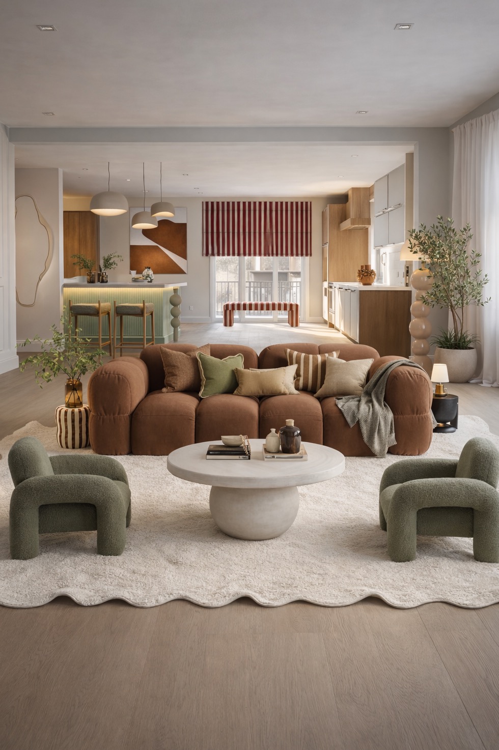 Stylowy salon z brązową sofą modułową, okrągłym stolikiem kawowym i zielonymi fotelami typu teddy. W tle otwarta kuchnia i jadalnia z elementami dekoracyjnymi.