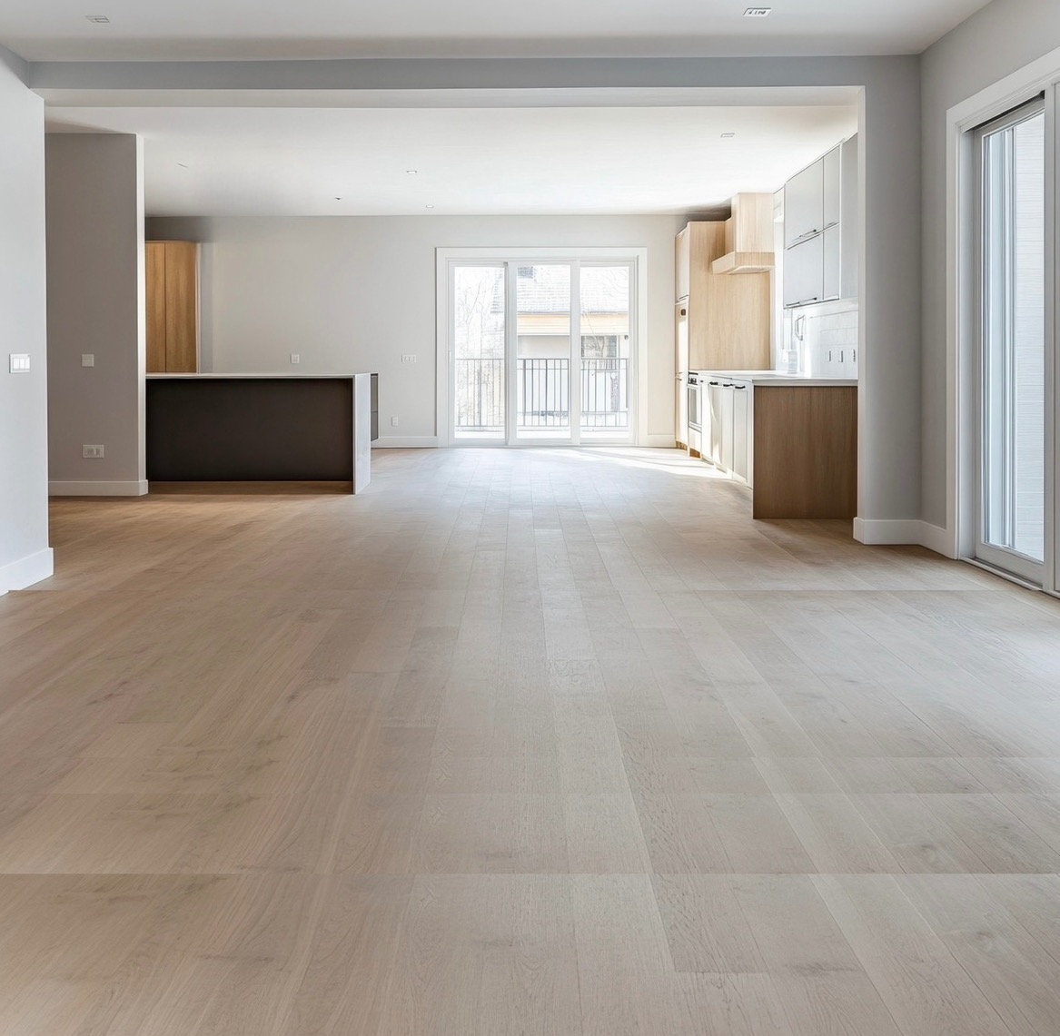 Jasne, przestronne wnętrze z drewnianą podłogą, widok na kuchnię z wyspą i balkon. Minimalistyczny design, naturalne światło, świeżo wykończone.