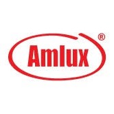 Czerwone logo Amlux w owalnej ramce na białym tle. Charakterystyczny font i układ graficzny. Znak towarowy w prawym górnym rogu.
