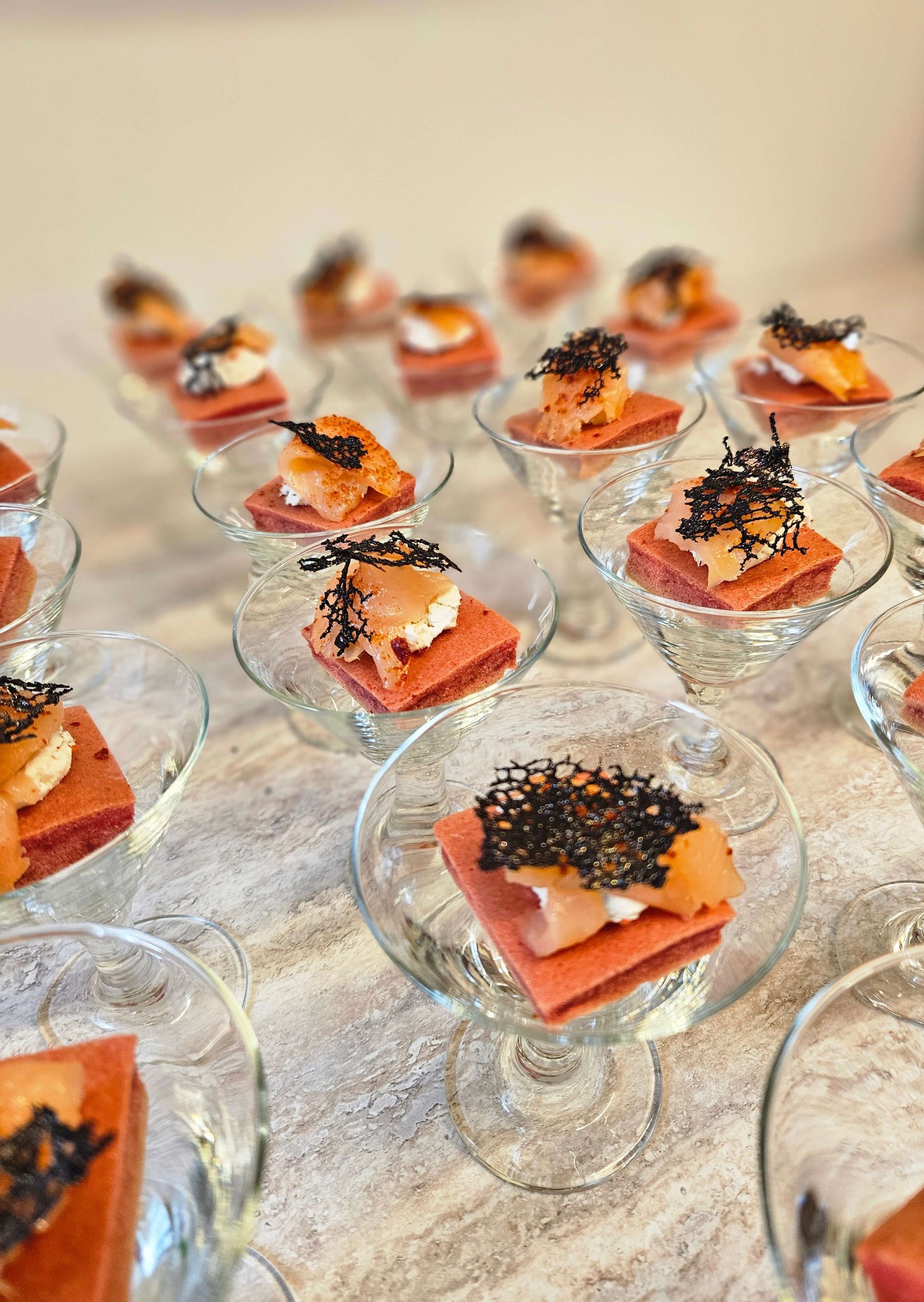 Eleganckie, mini desery w szklanych kieliszkach na nóżce. Czerwony biszkopt, krem, plasterki owoców i czarna dekoracja. Catering na przyjęcie.