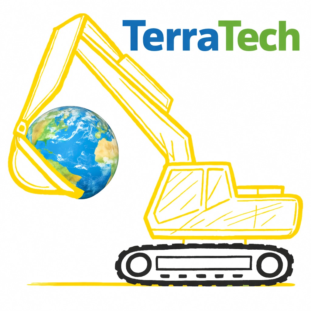 Grafika: Żółty szkic koparki trzymającej kulę ziemską, nad nią napis TerraTech w kolorach niebieskim i zielonym na białym tle.