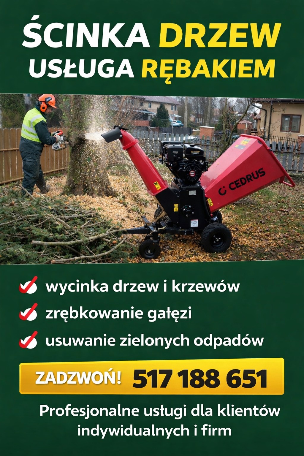 Usługa rębakiem: pracownik w kasku ścina drzewo piłą spalinową, obok czerwony rębak Cedrus. Oferta wycinki drzew, zrębkowania gałęzi i usuwania odpadów zielonych.