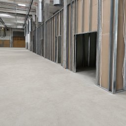 SegmentPRO - Przestronne wnętrze komercyjne w trakcie budowy, z widoczną metalową konstrukcją ścianek działowych i częściowo zamontowanymi płytami. Na suficie biegną srebrne kanały wentylacyjne i korytka kablowe.