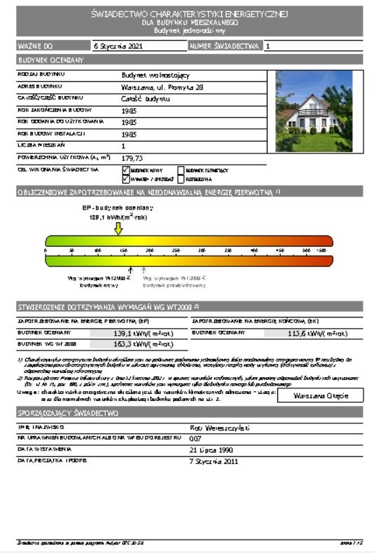 Skan świadectwa charakterystyki energetycznej budynku mieszkalnego, z danymi technicznymi, adresem i zdjęciem budynku. Dokument z datą ważności i numerem.