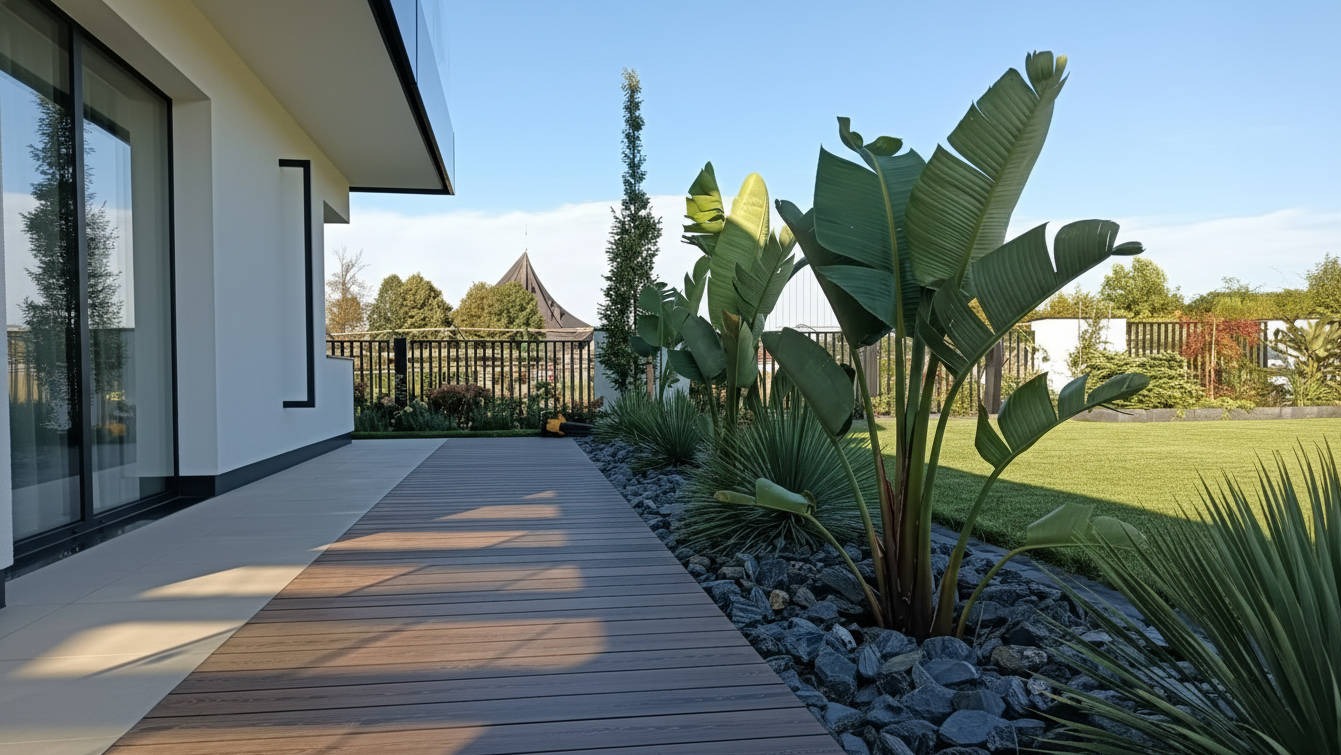 Nowoczesny ogród z drewnianym tarasem, egzotycznymi roślinami i równo przystrzyżonym trawnikiem. Widok na ogrodzenie i budynek z dużymi oknami.