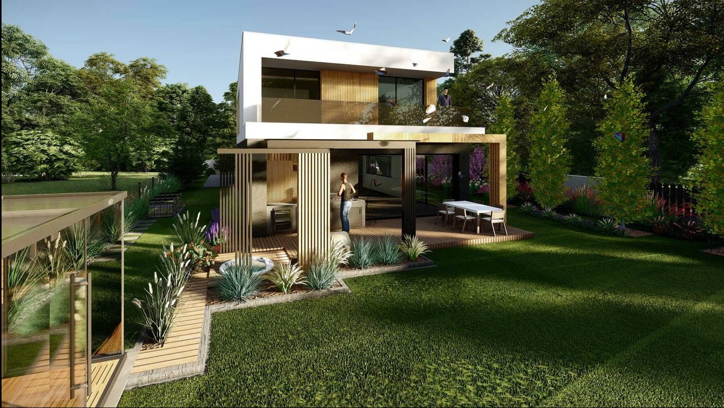 Wizualizacja nowoczesnego domu z ogrodem: minimalistyczna architektura, taras z grillem, zadbany trawnik i starannie dobrane rośliny ozdobne. Projekt zagospodarowania przestrzeni.