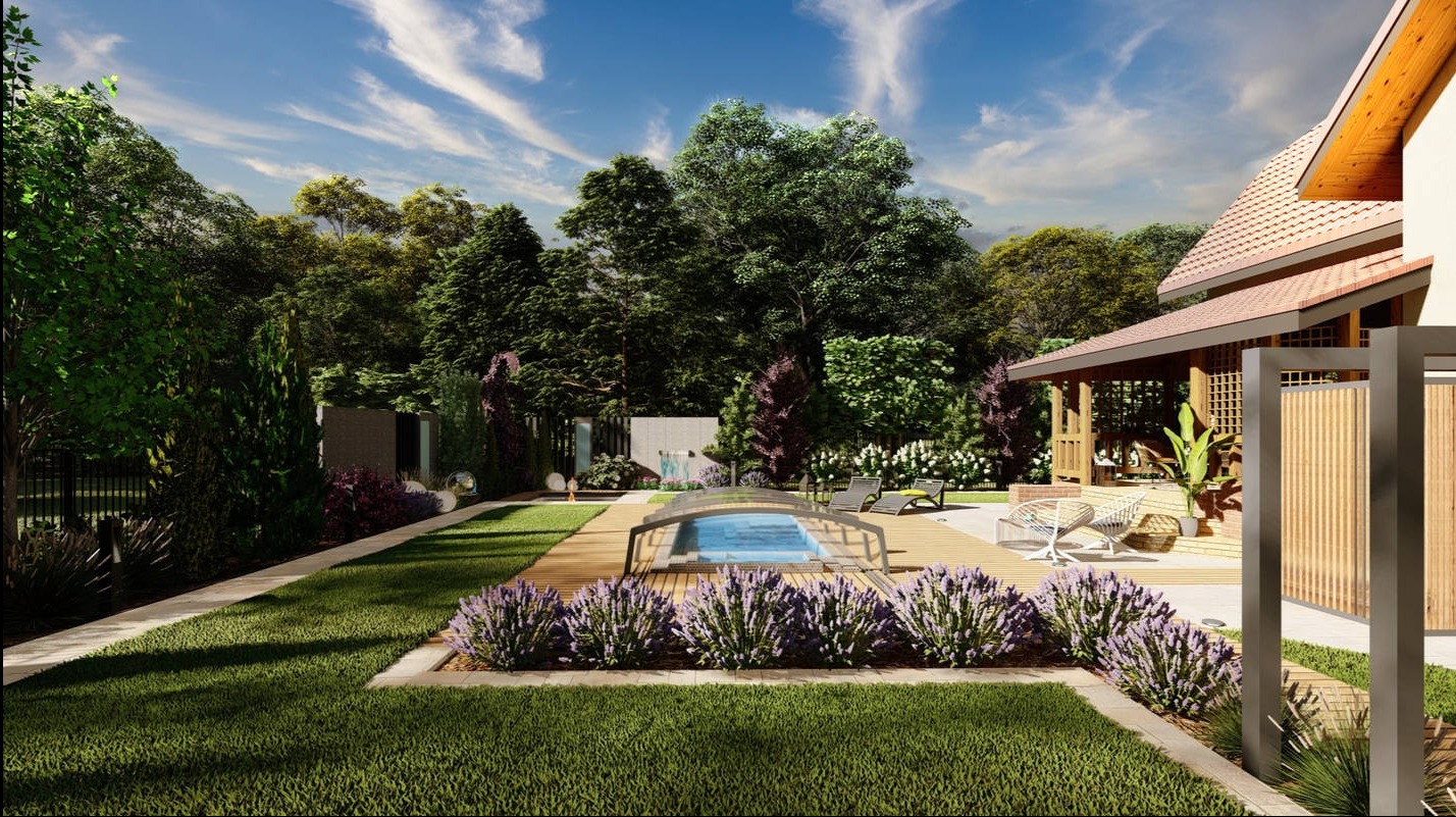 Wizualizacja ogrodu z basenem, drewnianym tarasem i kwitnącą lawendą. W tle widoczny dom z zadaszonym tarasem i bujna roślinność.