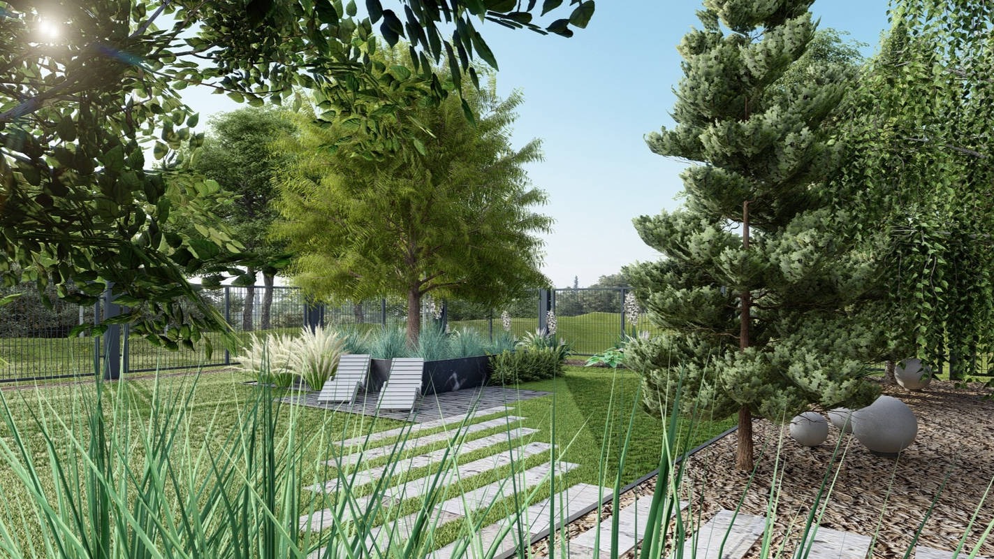 Projekt ogrodu z ścieżką z płyt, leżakami i ozdobnymi kulami. Widoczne drzewa, trawa i ogrodzenie. Całość utrzymana w nowoczesnym stylu.