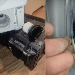 GTX SERVICE SP. Z O.O. SPÓŁKA KOMANDYTOWA - Naprawa pralki: wyjęty filtr na skrzynce narzędziowej, uszczelka bębna w trakcie czyszczenia. Widoczne elementy wnętrza pralki i dłoń serwisanta.