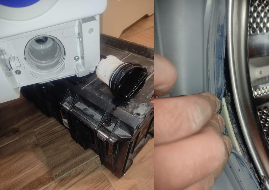 Naprawa pralki: wyjęty filtr na skrzynce narzędziowej, uszczelka bębna w trakcie czyszczenia. Widoczne elementy wnętrza pralki i dłoń serwisanta.