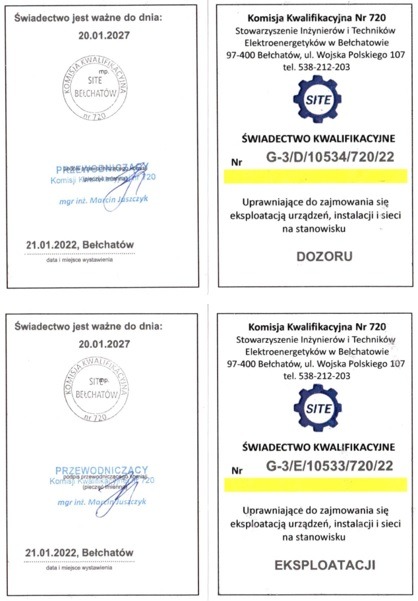 Skan dokumentów potwierdzających kwalifikacje do eksploatacji urządzeń, instalacji i sieci gazowych na stanowiskach dozoru i eksploatacji. Bełchatów, 2022.