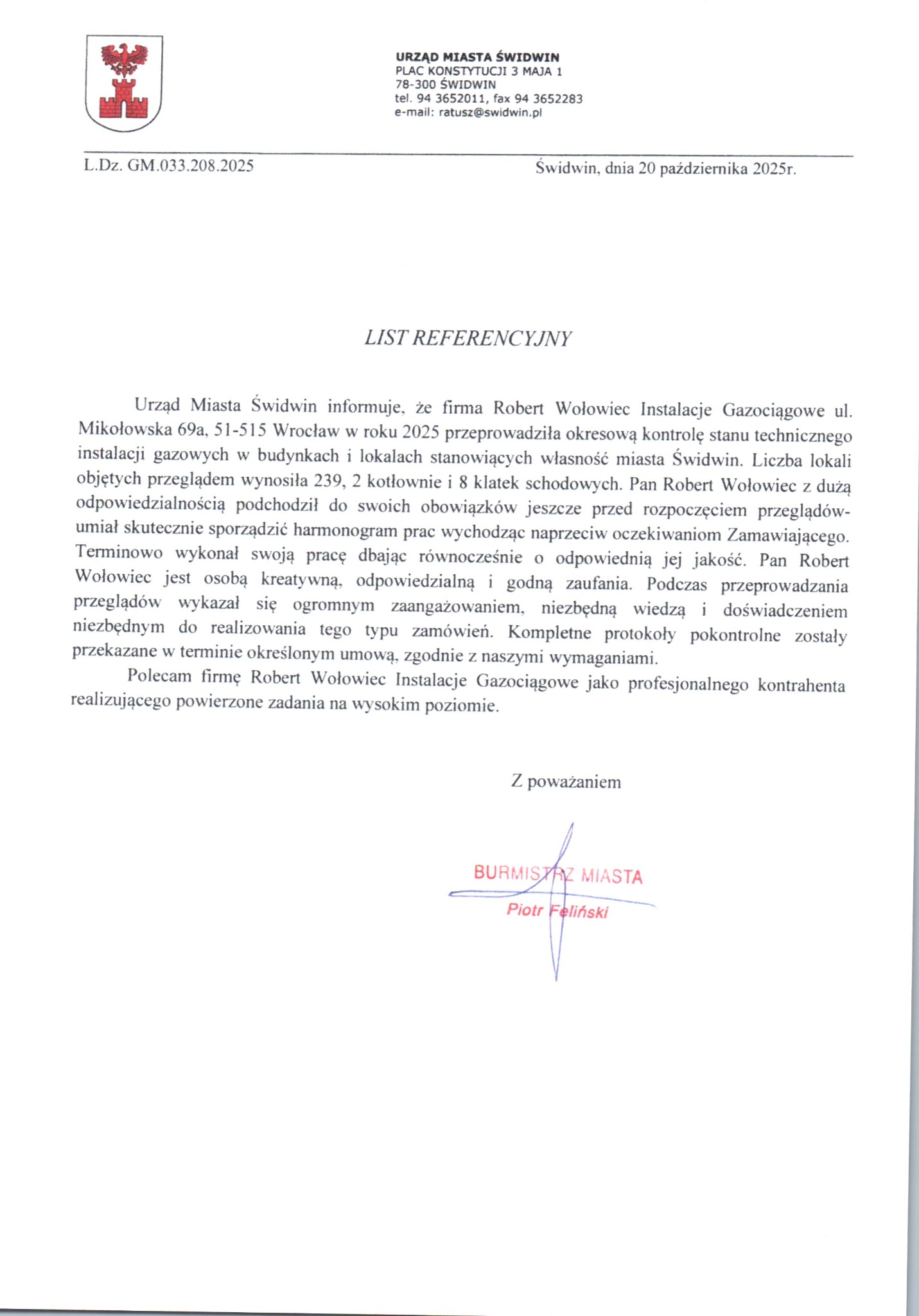 List referencyjny od Urzędu Miasta Świdwin dla firmy Robert Wołowiec Instalacje Gazociągowe, potwierdzający wysoką jakość usług kontroli instalacji gazowych.