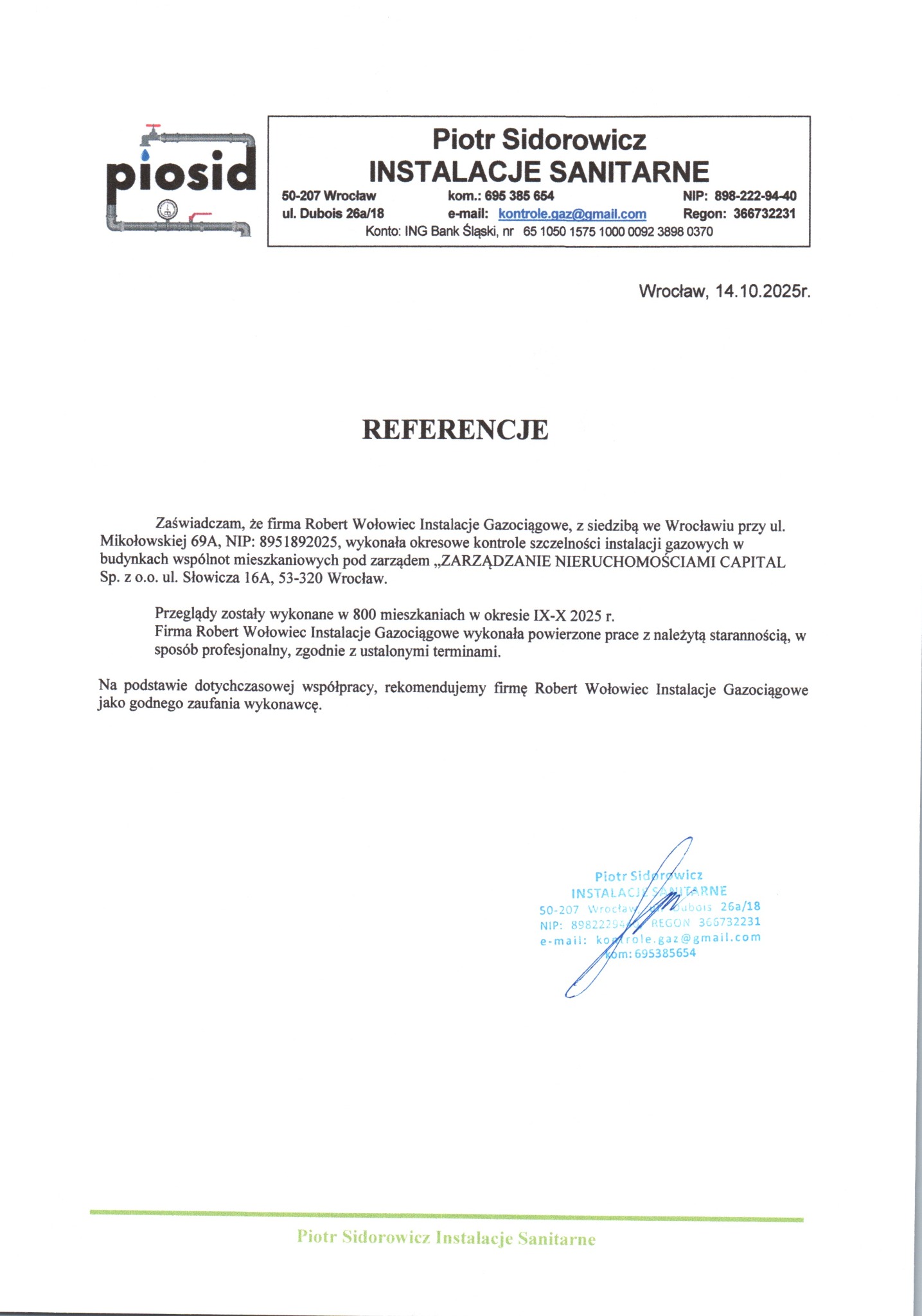 Skan referencji dla firmy Robert Wołowiec Instalacje Gazociągowe, potwierdzającej wykonanie kontroli szczelności instalacji gazowych w budynkach wspólnot mieszkaniowych.