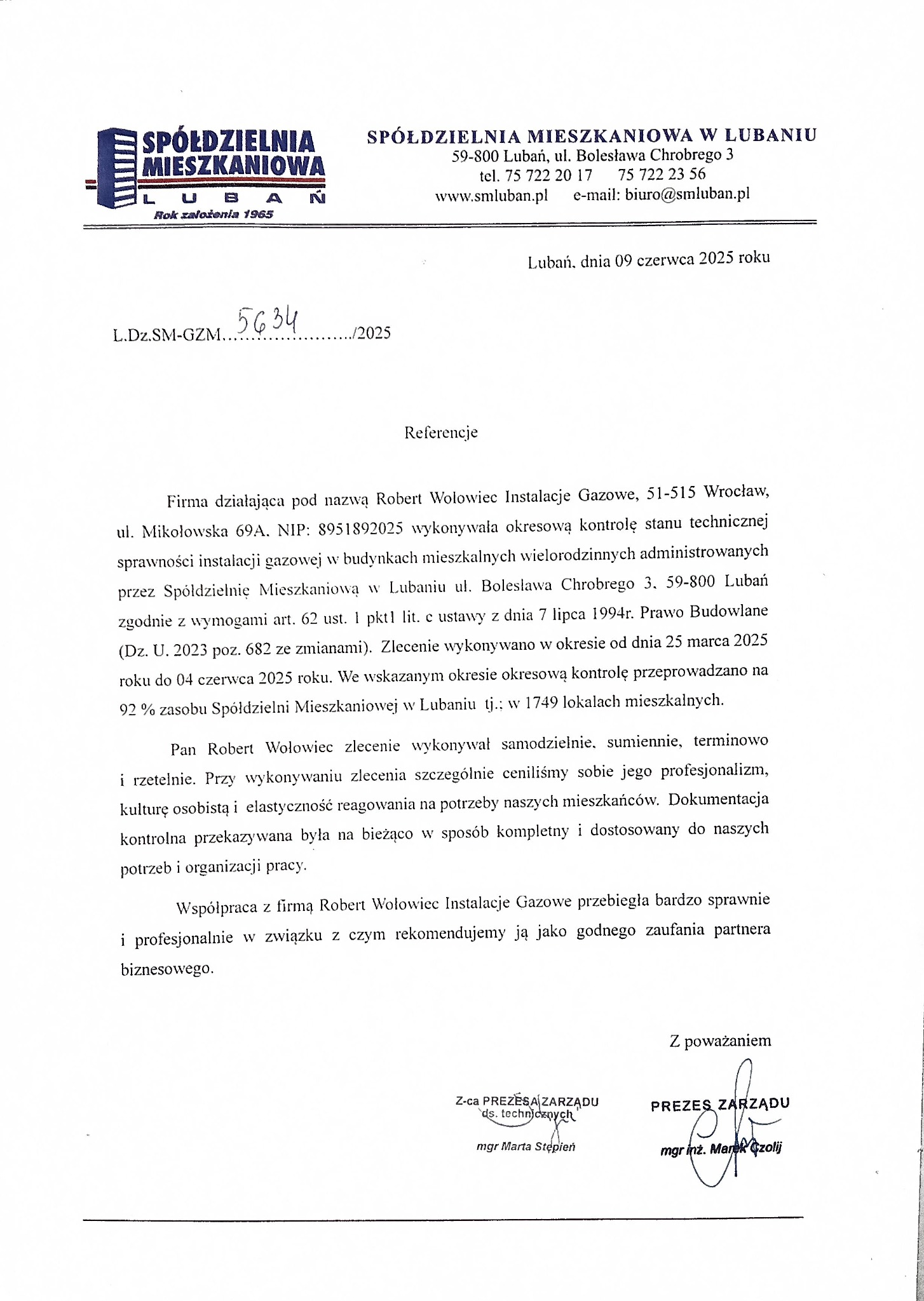 Referencje dla firmy Robert Wolowiec Instalacje Gazowe od Spółdzielni Mieszkaniowej w Lubaniu, potwierdzające terminową i rzetelną kontrolę instalacji gazowych.