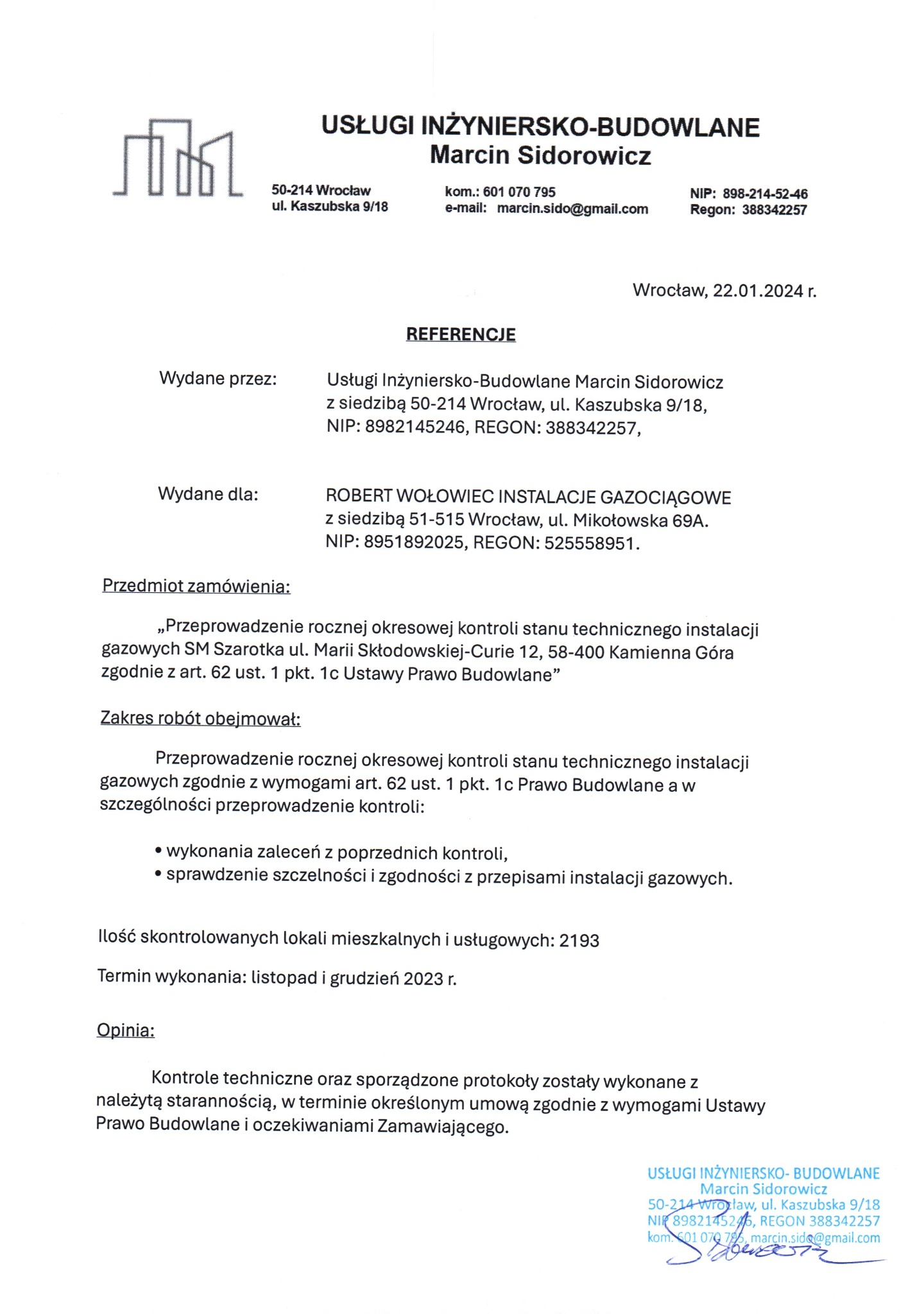 Dokument referencyjny dla Usług Inżyniersko-Budowlanych Marcin Sidorowicz, potwierdzający roczną kontrolę instalacji gazowych w 2193 lokalach. Wrocław, 22.01.2024.